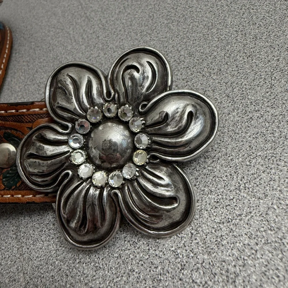 Nocona Brown Leather Floral Tooled Belt with Multicolor Flower Accents